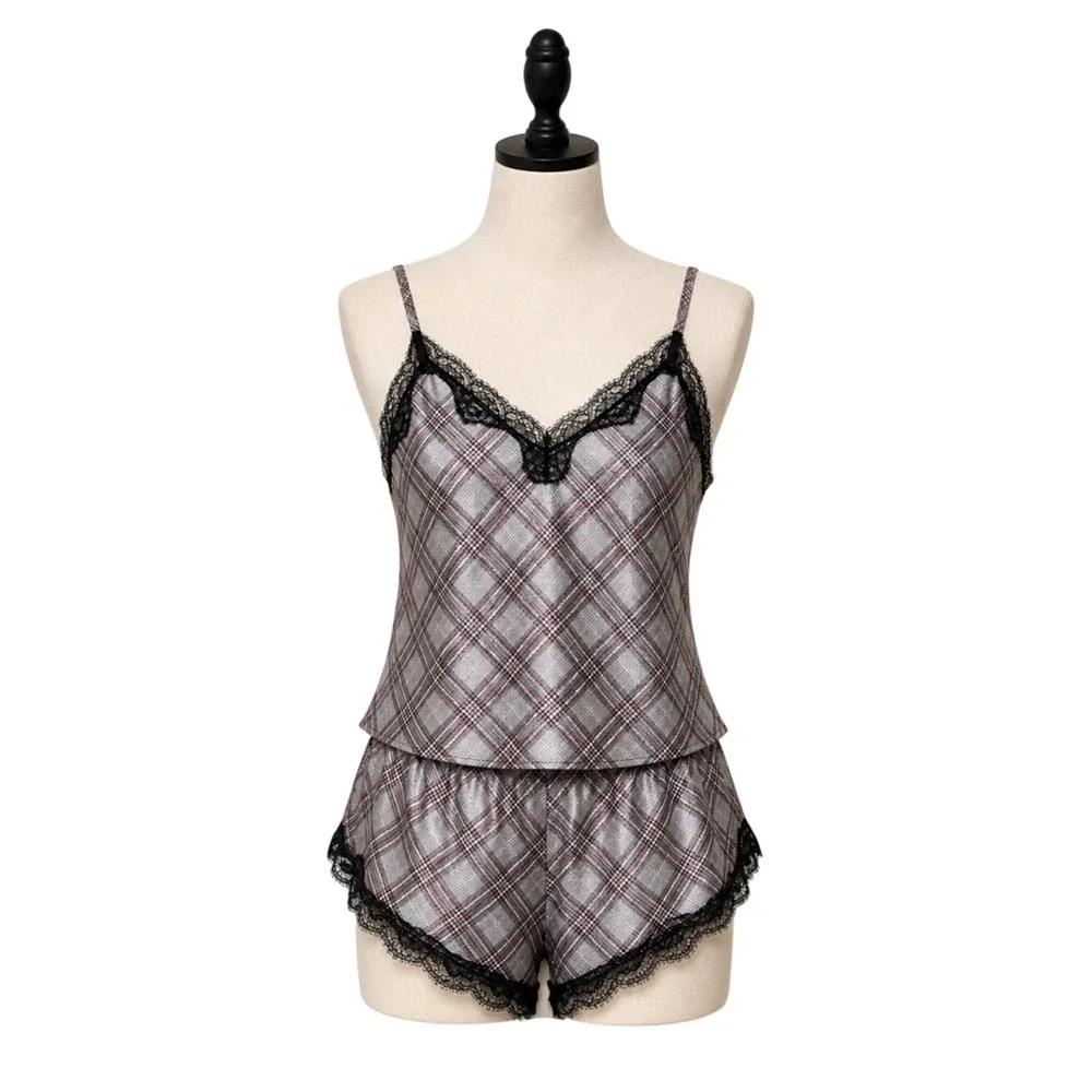 Victorias‎ Secret Plaid Satin Lace Trim Cami and Shorts Pajama Set Grey Pink M